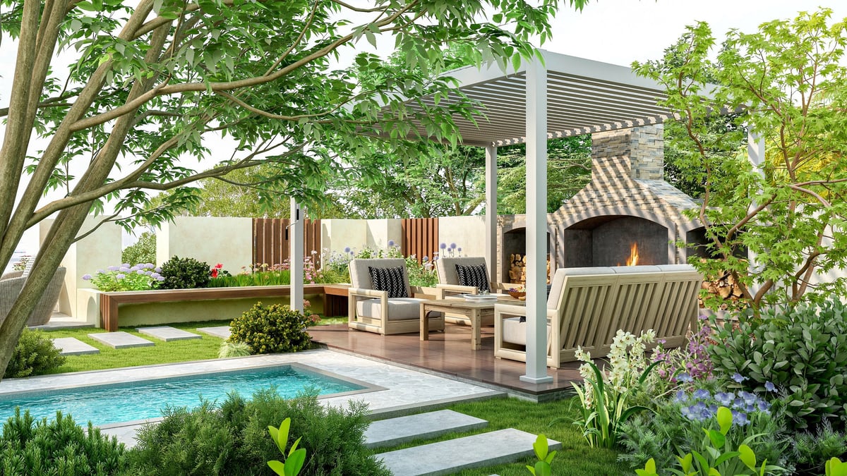 Modern luxury pergola in backyard garden